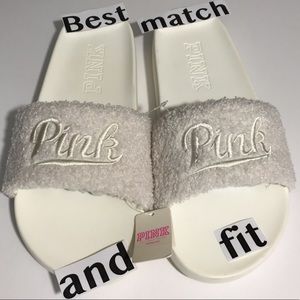 PINK Victoria’s Secret S L Logo Embroidery Sherpa Slides Sandals Slip Ons White